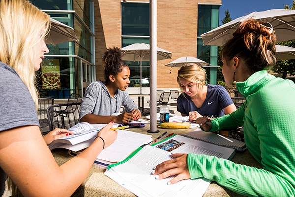 students sitting at an outside table studying